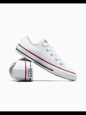 Converse Kids White Canvas Low Top Sneakers with Red & Navy Trim